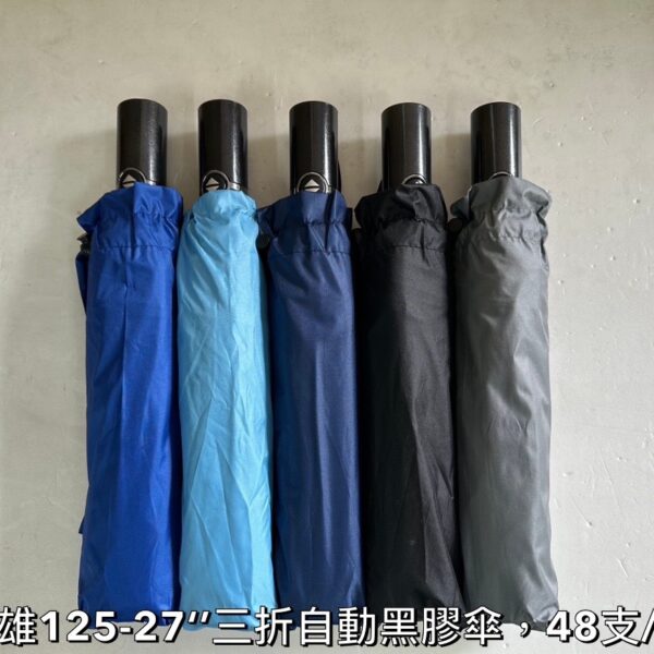 27”三折自動纖維黑膠傘